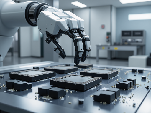 AI intelligent hardware devices showing advanced robotics and smart sensors, modern industrial design with blue and silver colors, high-tech environment