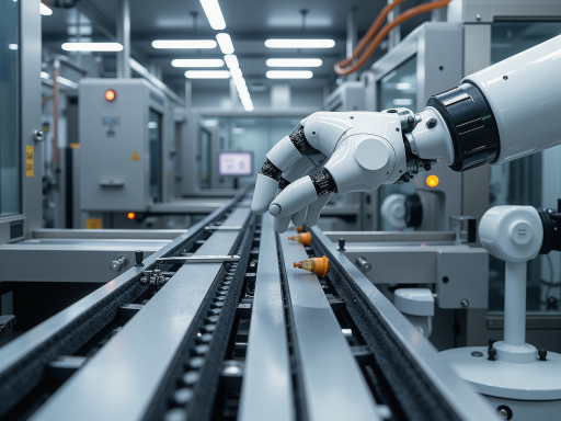 Industrial robotic arm with AI control system, precision manufacturing equipment, modern factory automation technology