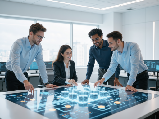 Professional engineering team working on AI hardware projects, diverse group of engineers in modern office environment, collaborative workspace